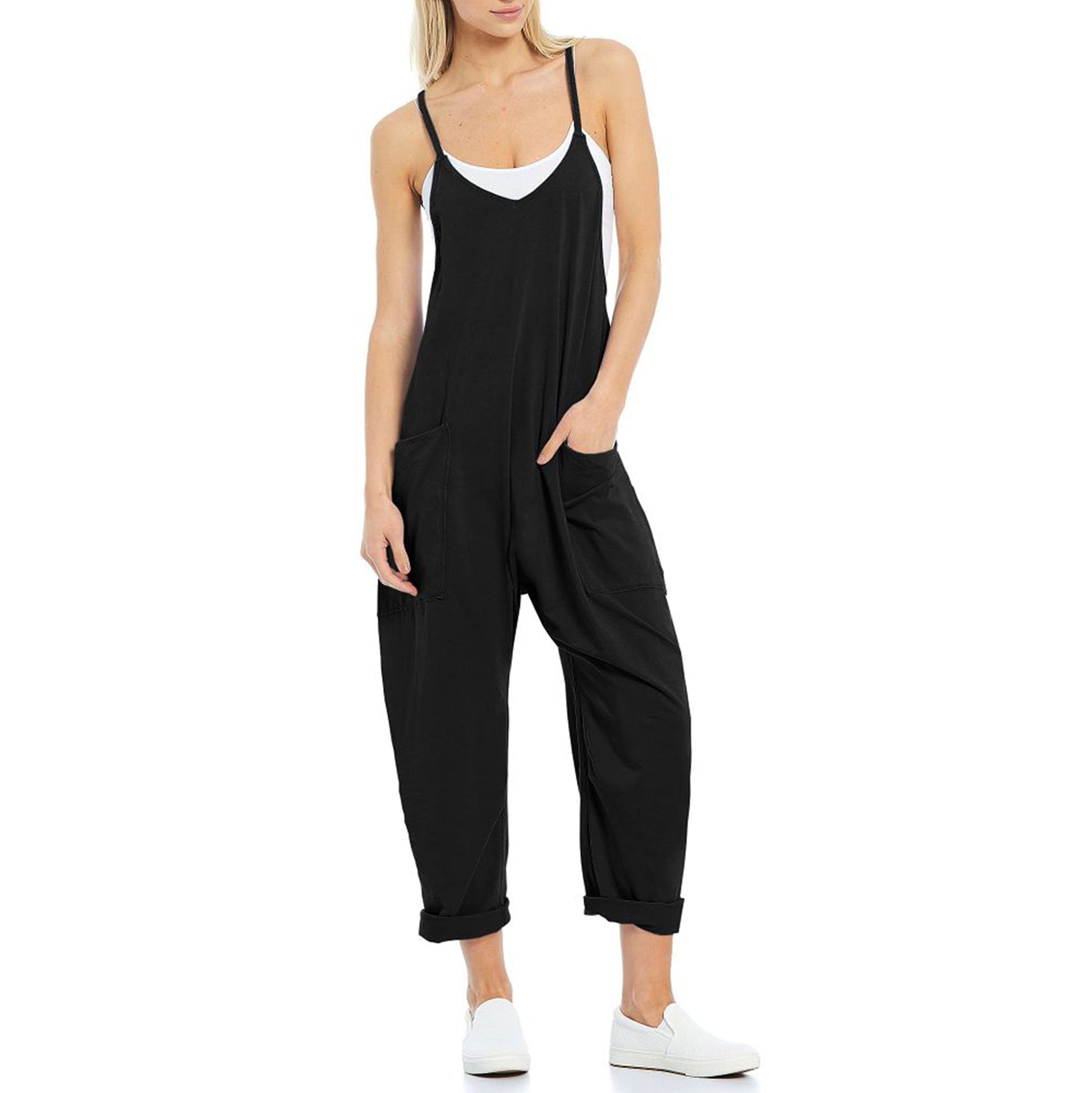 Women's Pocket Spaghetti Straps Knitted One-piece Trousers Jumpsuits
