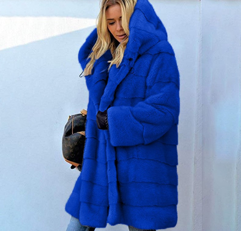 Color Loose Plush Hooded Imitation Fur Coats