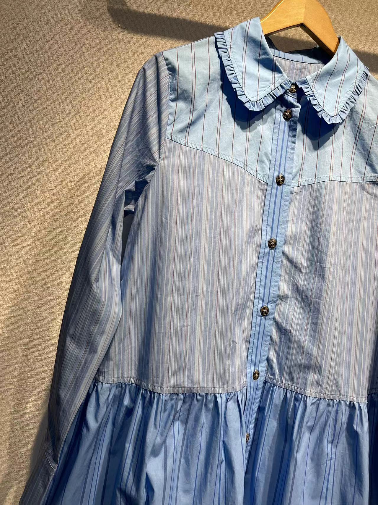 Women's Cotton Striped Stitching Lapel Loose Long Dresses