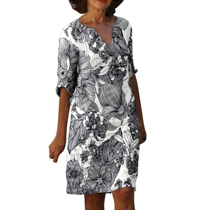 Women's Fashion Painting Printed Half Sleeve Mid-length Dresses