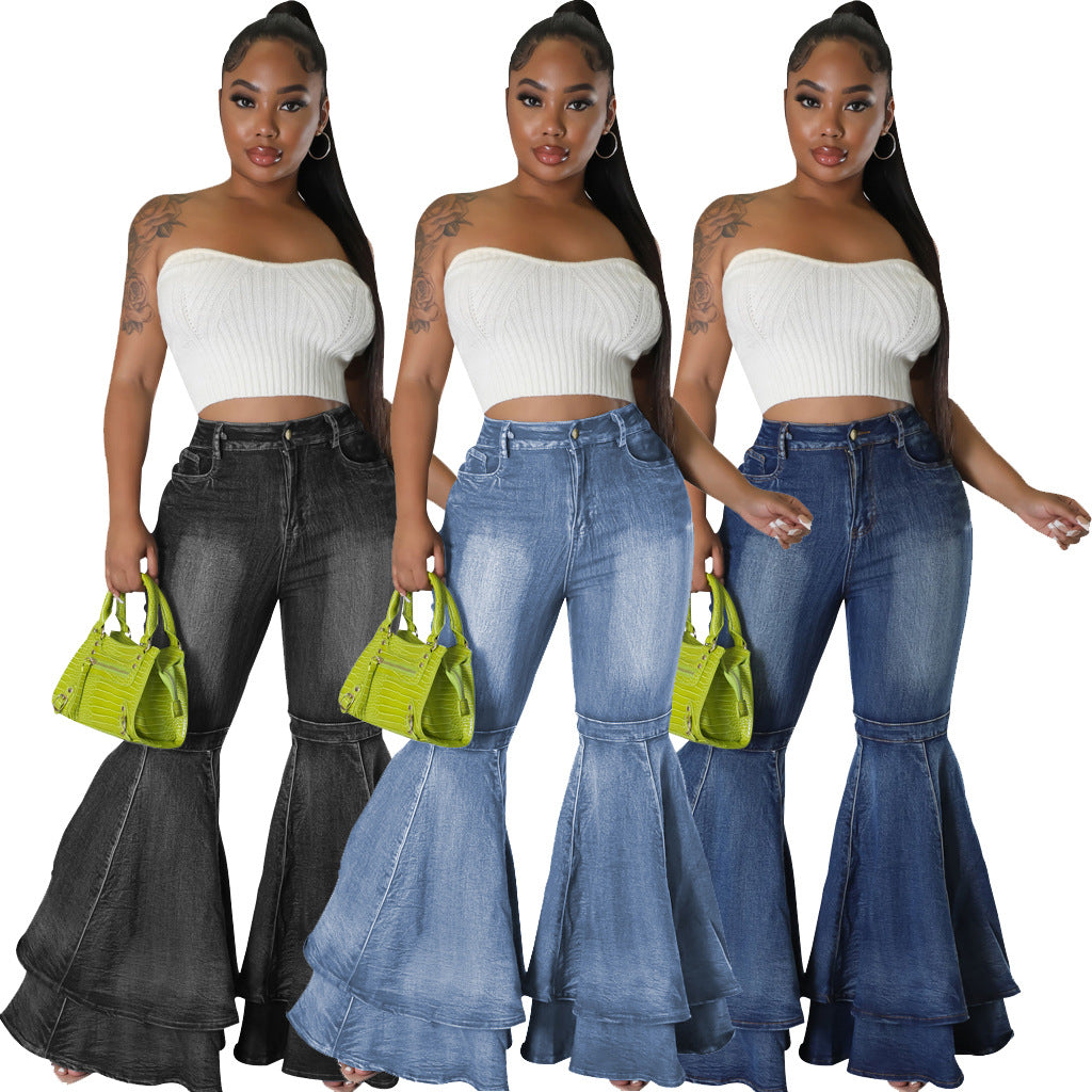 Fashionable All-match Wide-leg Washed Stretch Flared Jeans