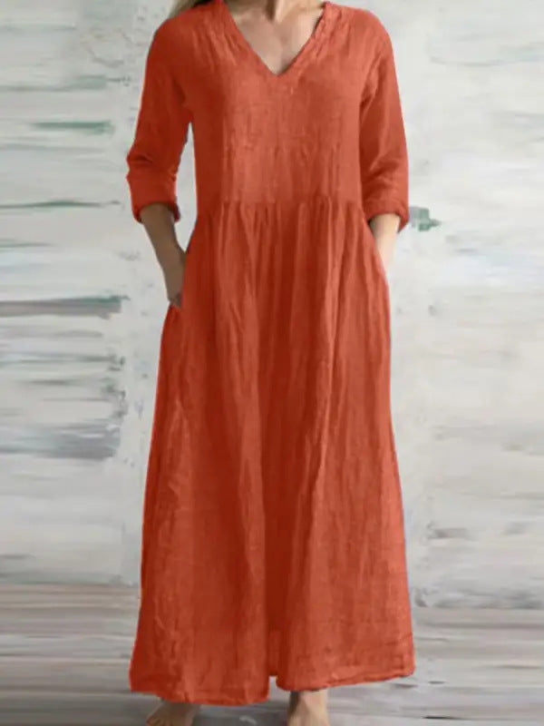 Women's Dress Cotton Linen Pocket Half Sleeve Clothing