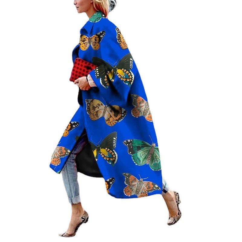 Women's Long Bell Sleeve Printed Loose Trench Coats