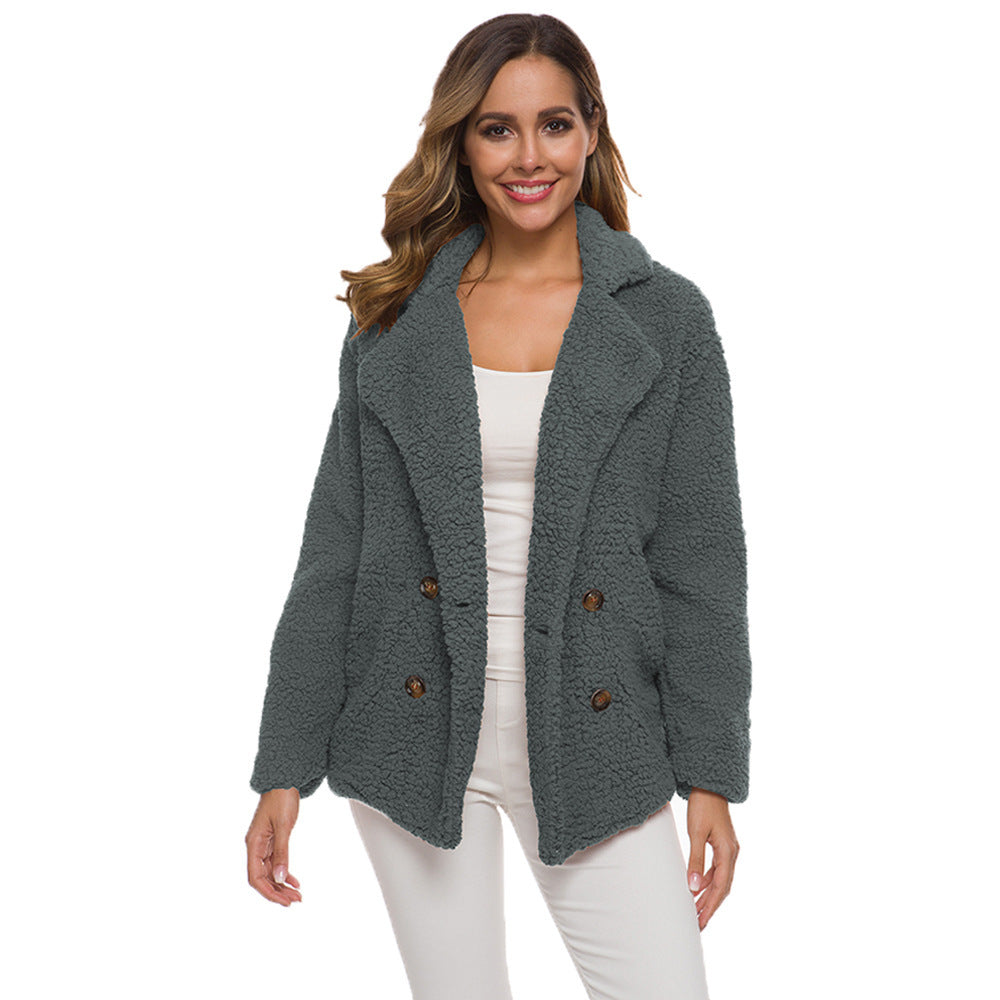 Women's Lapel Double Breasted Loose Lamb Wool Sweaters