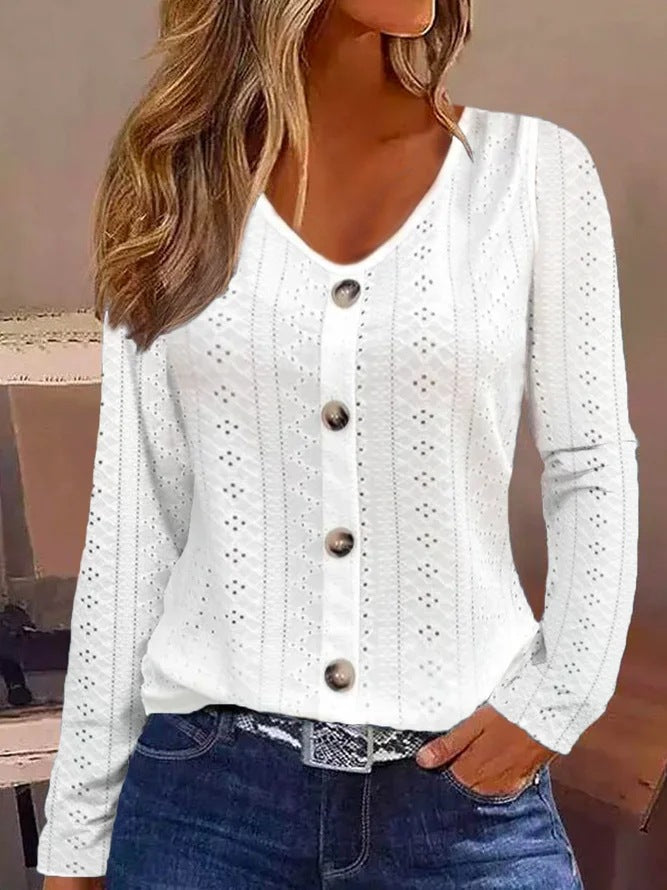 Autumn Solid Color Jacquard Buttons Long-sleeved Blouses