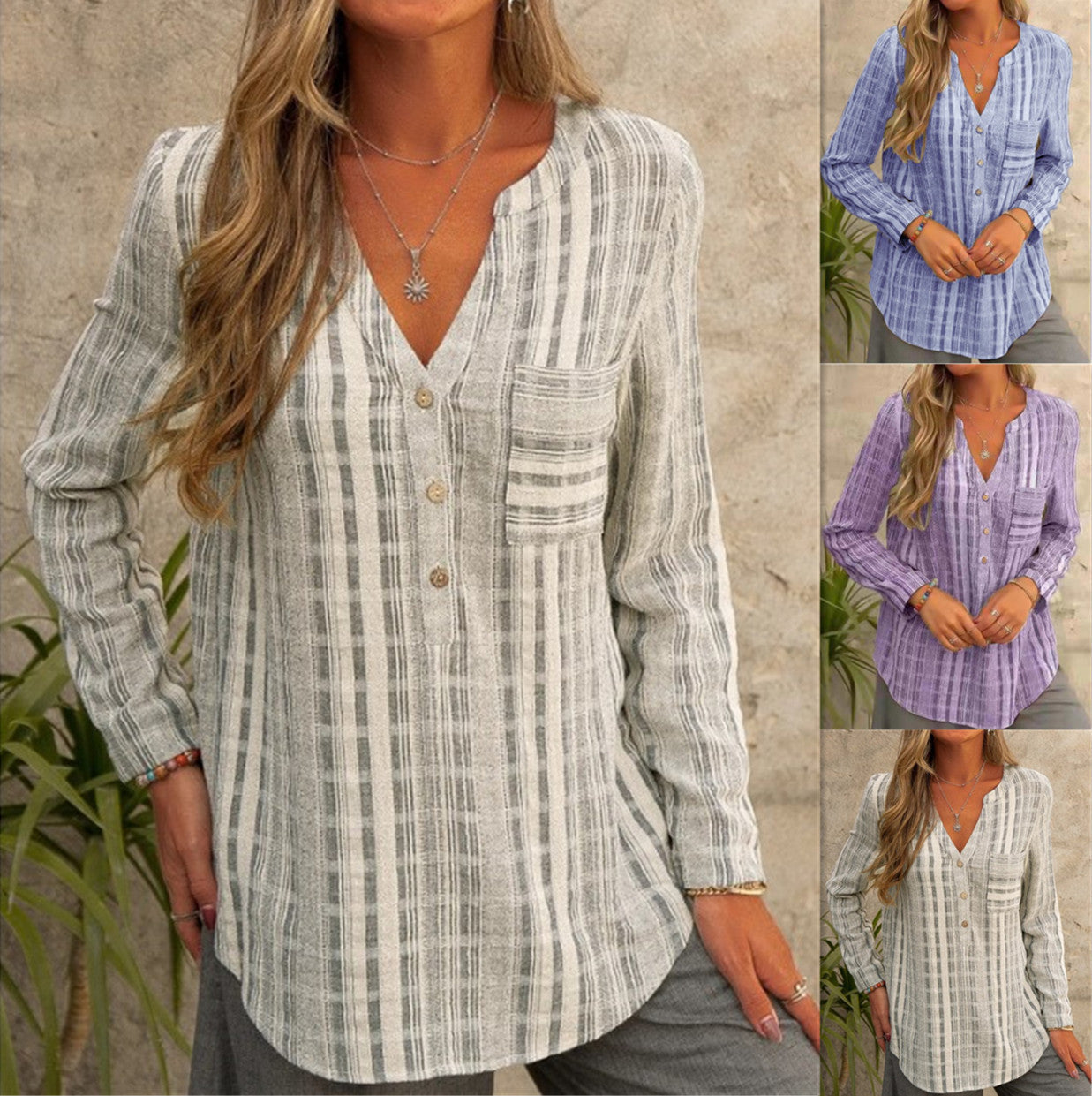 Women's Stripe Pocket Casual Fashion Long Sleeve Blouses