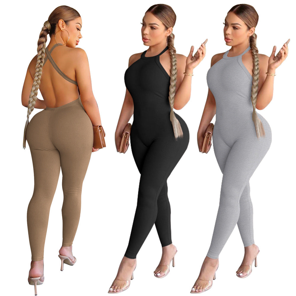 Women's Sexy Suspenders Pure Color Tight High Jumpsuits