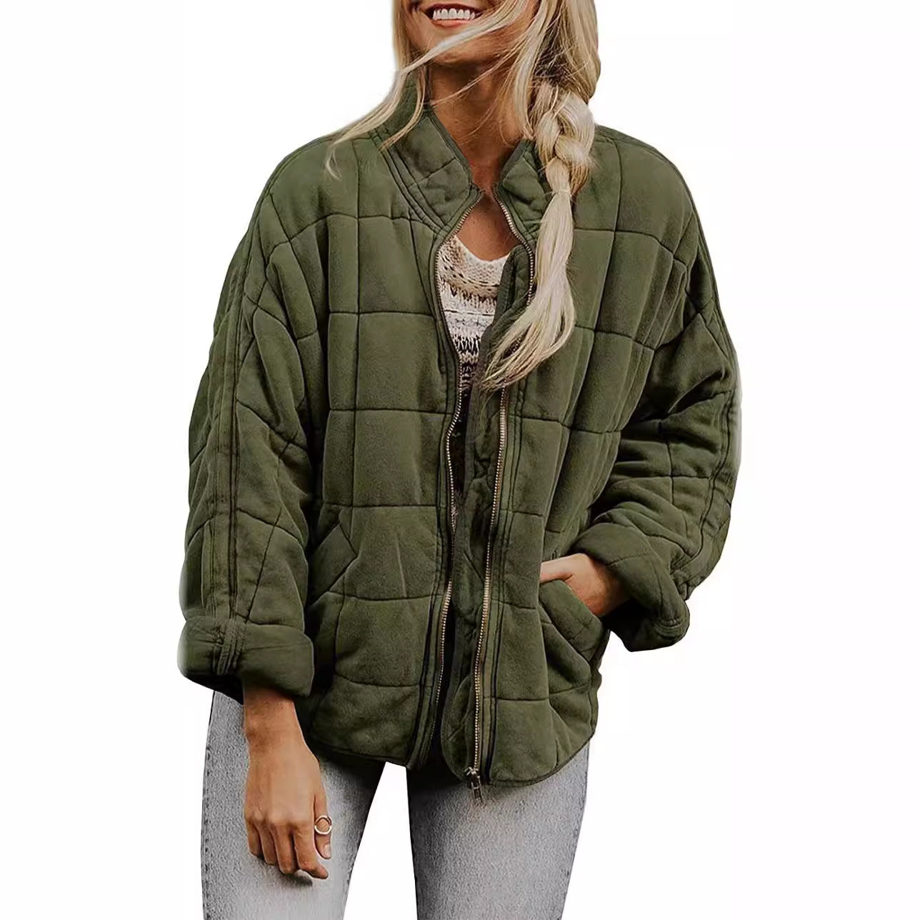 Women's Solid Color Stand-up Collar Loose Pockets Jackets