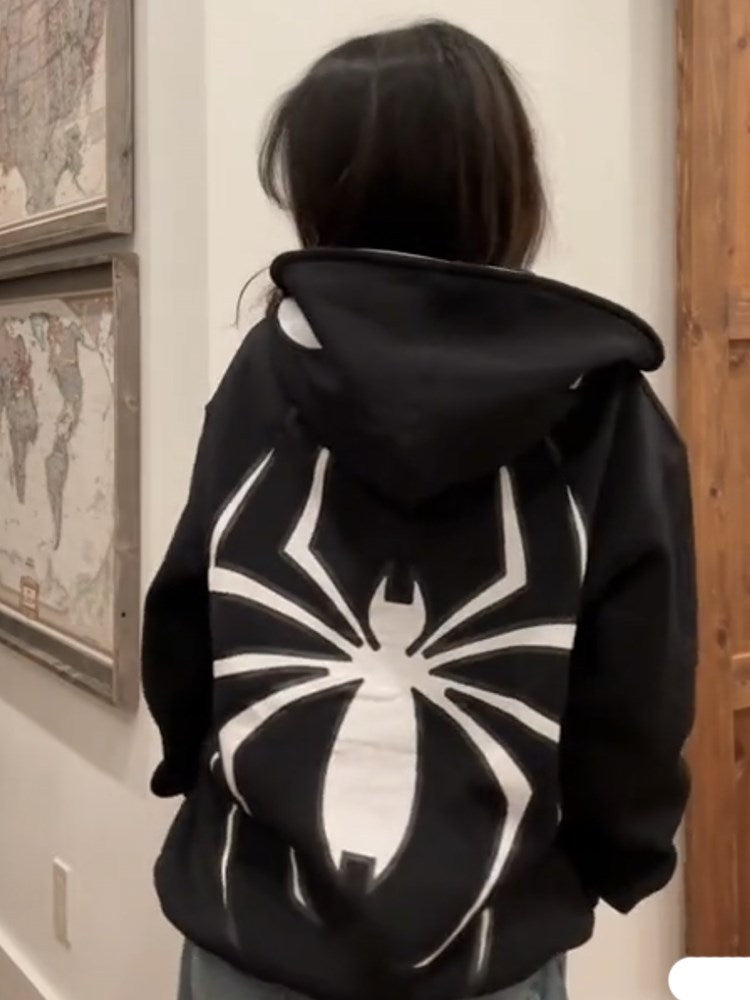 Women's Spider Puff Print Embroidered Zipper Hooded Street Sweaters