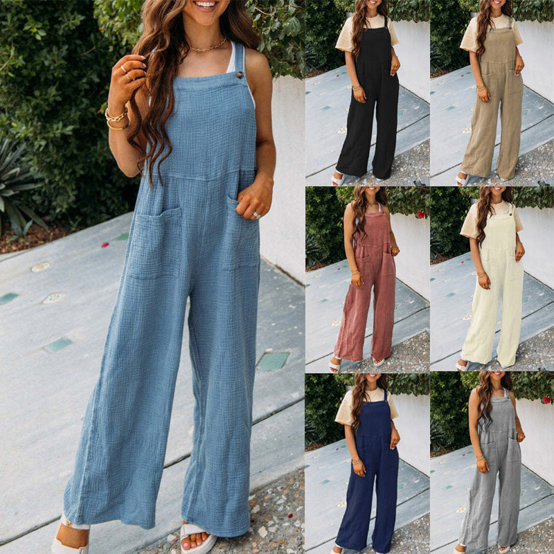 Women's Summer Casual Solid Color Pocket Square Collar Jumpsuits