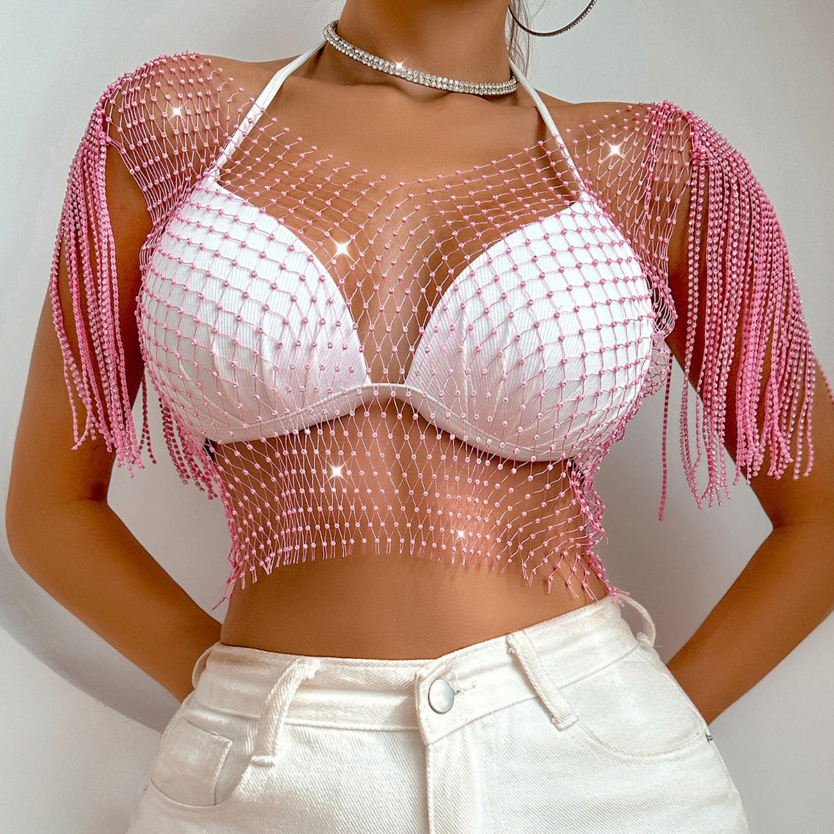 Women's Rhinestone Sexy Fishnet Summer Net Drill Vests