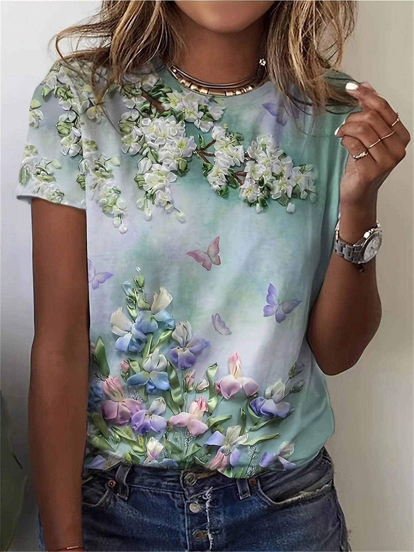 Women's Summer Floral Plant Print Short-sleeved T-shirt Blouses
