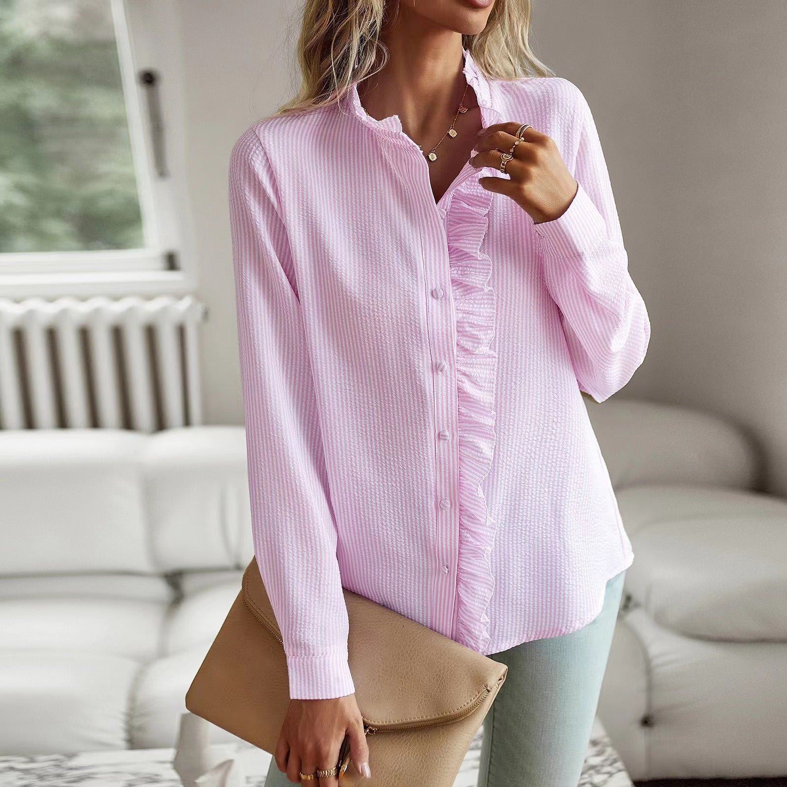 Women's Spring Long Sleeve Ruffled Button Shirt Blouses
