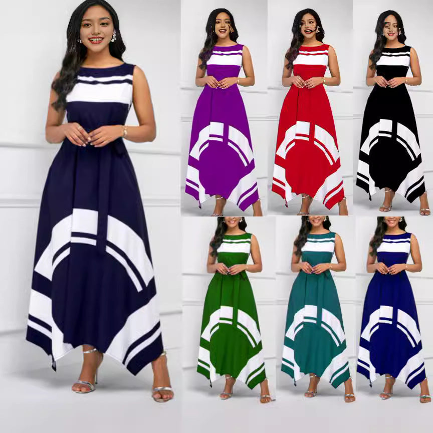 Women's Asymmetric Hem Sleeveless Printed Extra Long Dresses