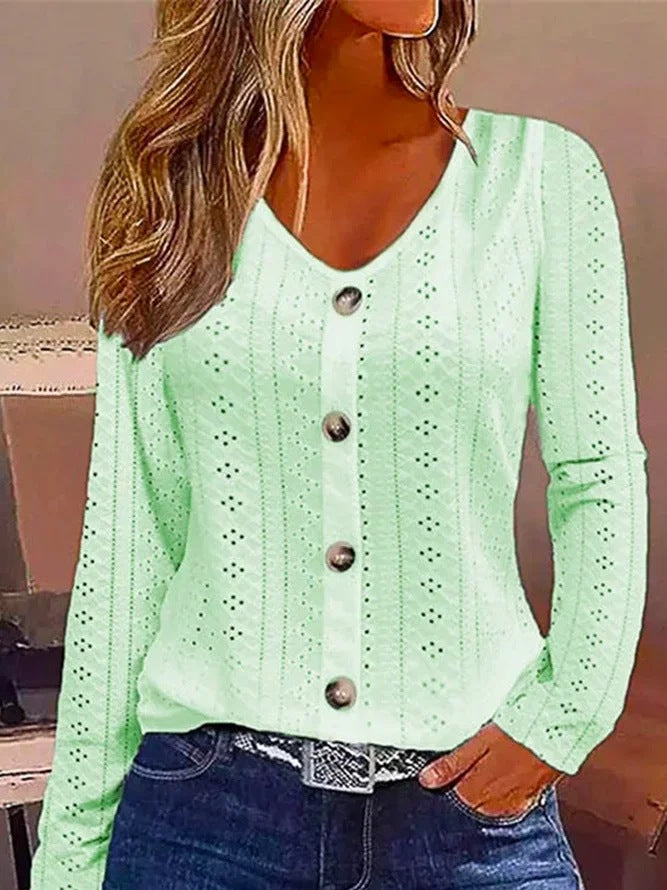 Autumn Solid Color Jacquard Buttons Long-sleeved Blouses