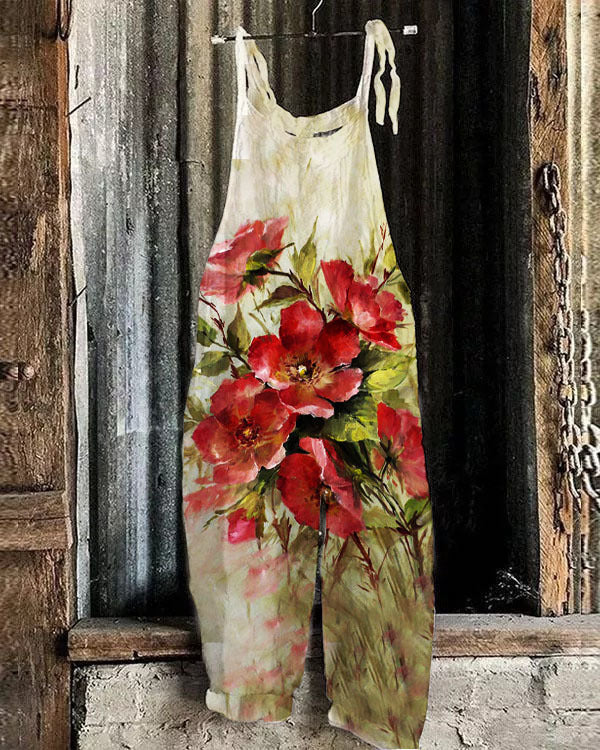 Women's Summer Cotton Linen Suspender Trousers Printed Dresses