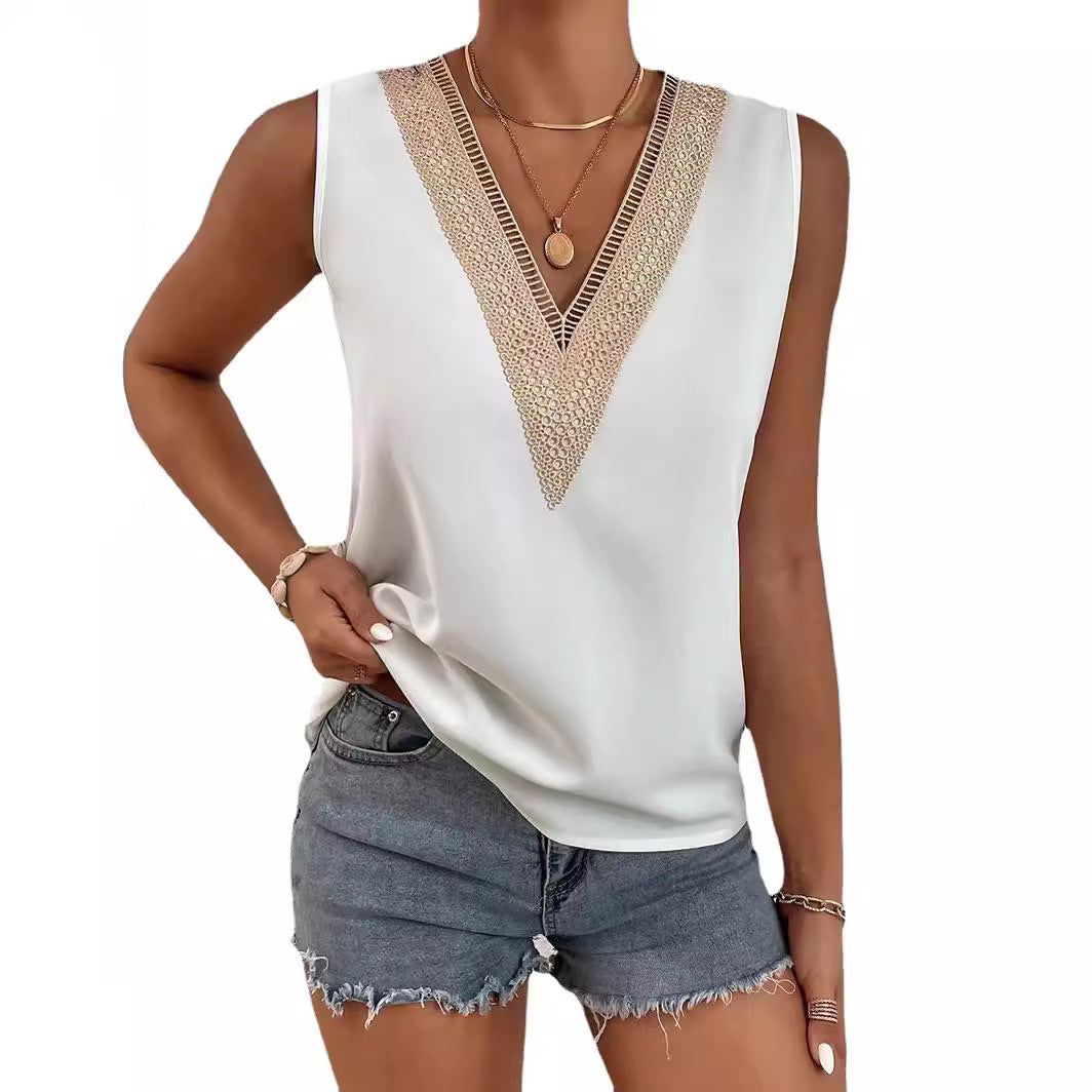 Women's Summer Lace Shirt Pullover Loose Casual Sleeveless Blouses