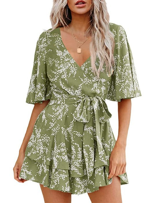 Women's Floral Collar Flare Sleeve Waist Pleated Jumpsuits