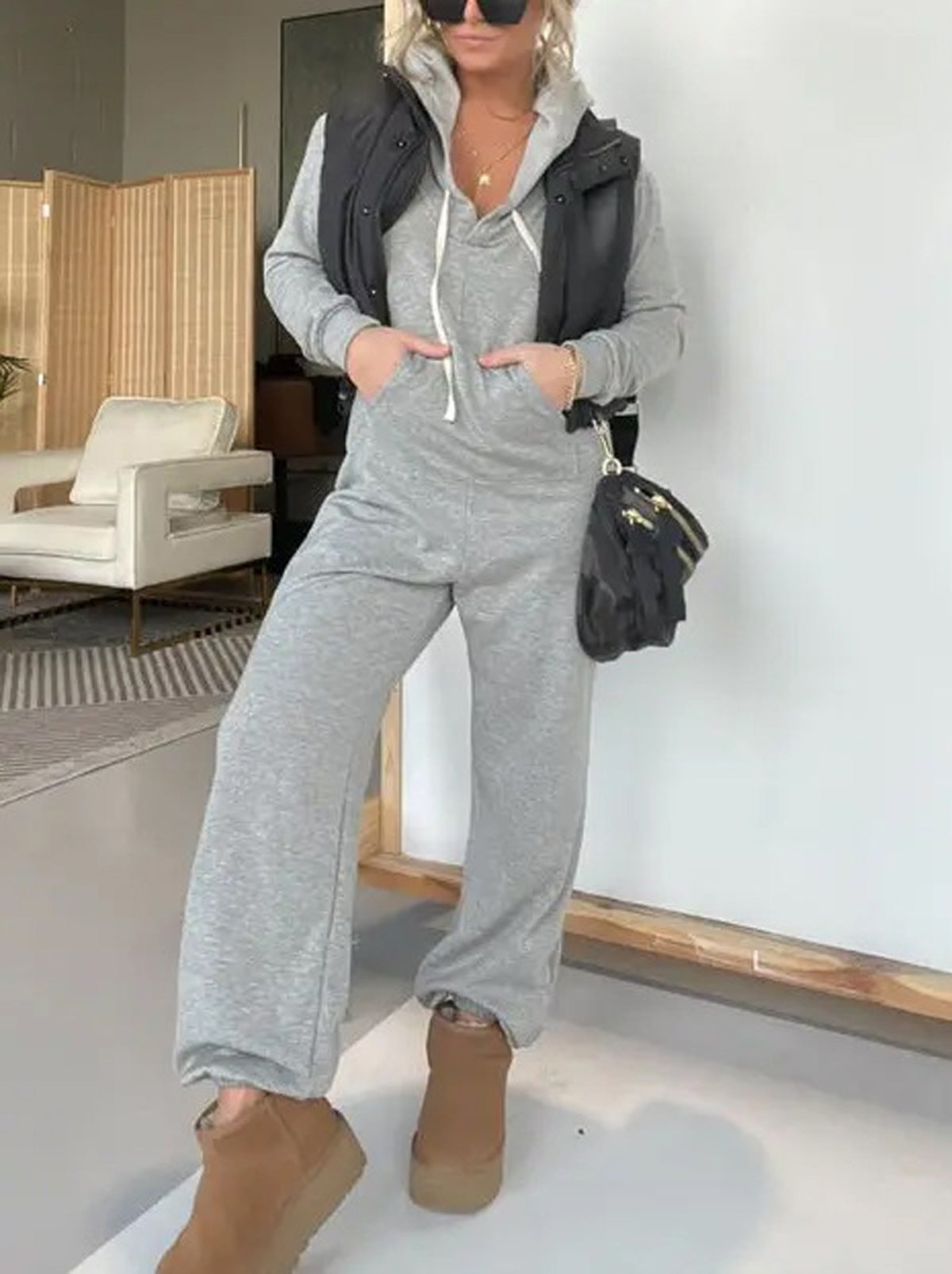 Women's Casual Fashion Solid Color Hoodie Jumpsuits