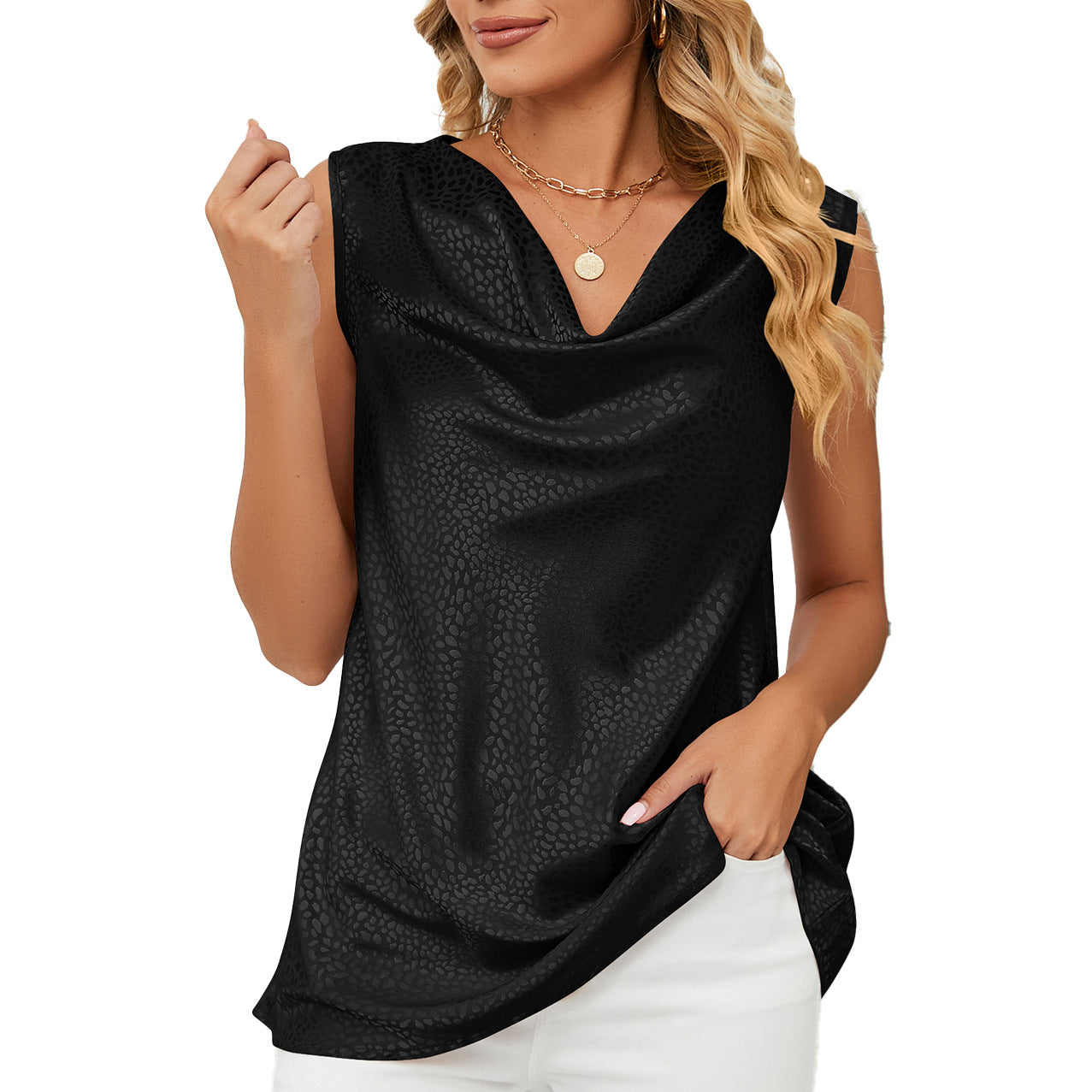 Women's Solid Color Pile Collar Sleeveless Loose Blouses