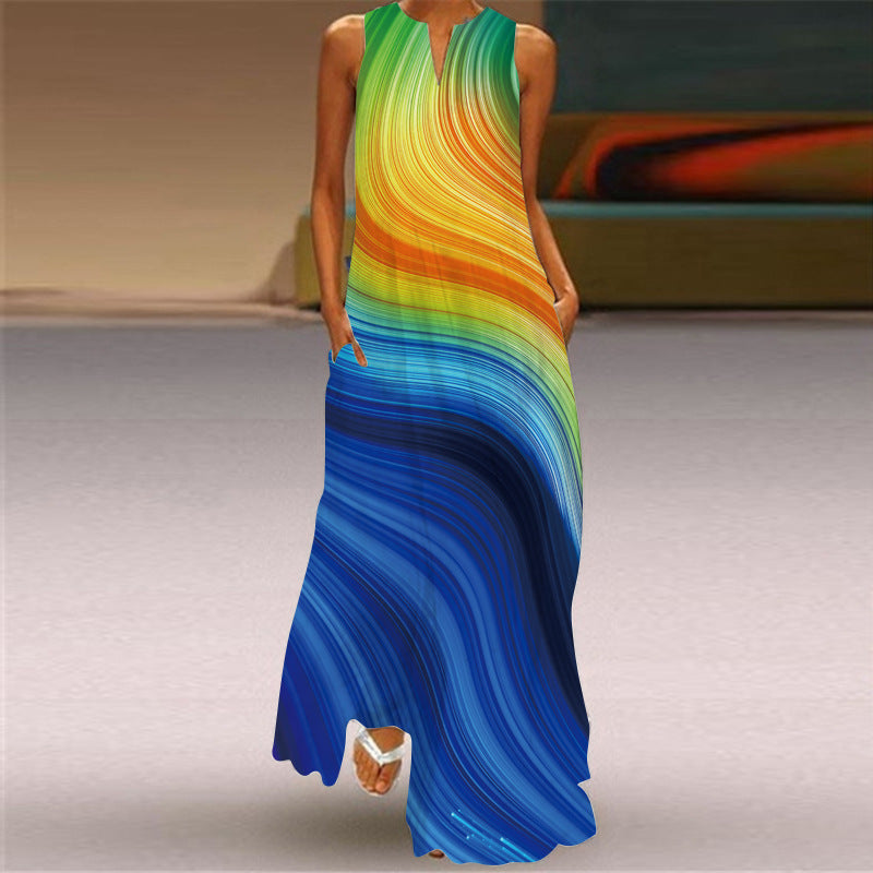 Robes sexy multicolores à col long et imprimés vintage