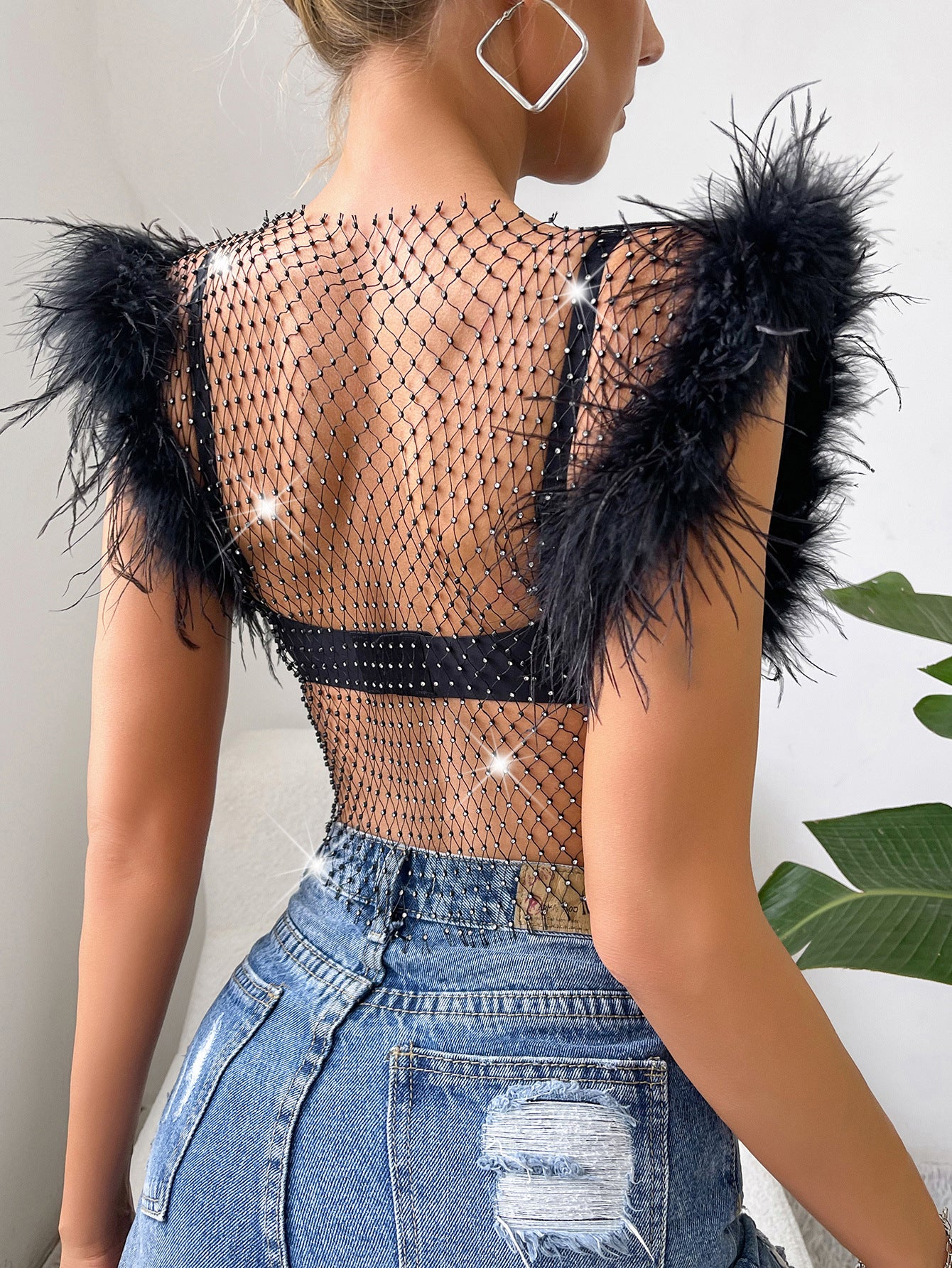 Super Shiny Ostrich Feather Sexy Rhinestones Tops