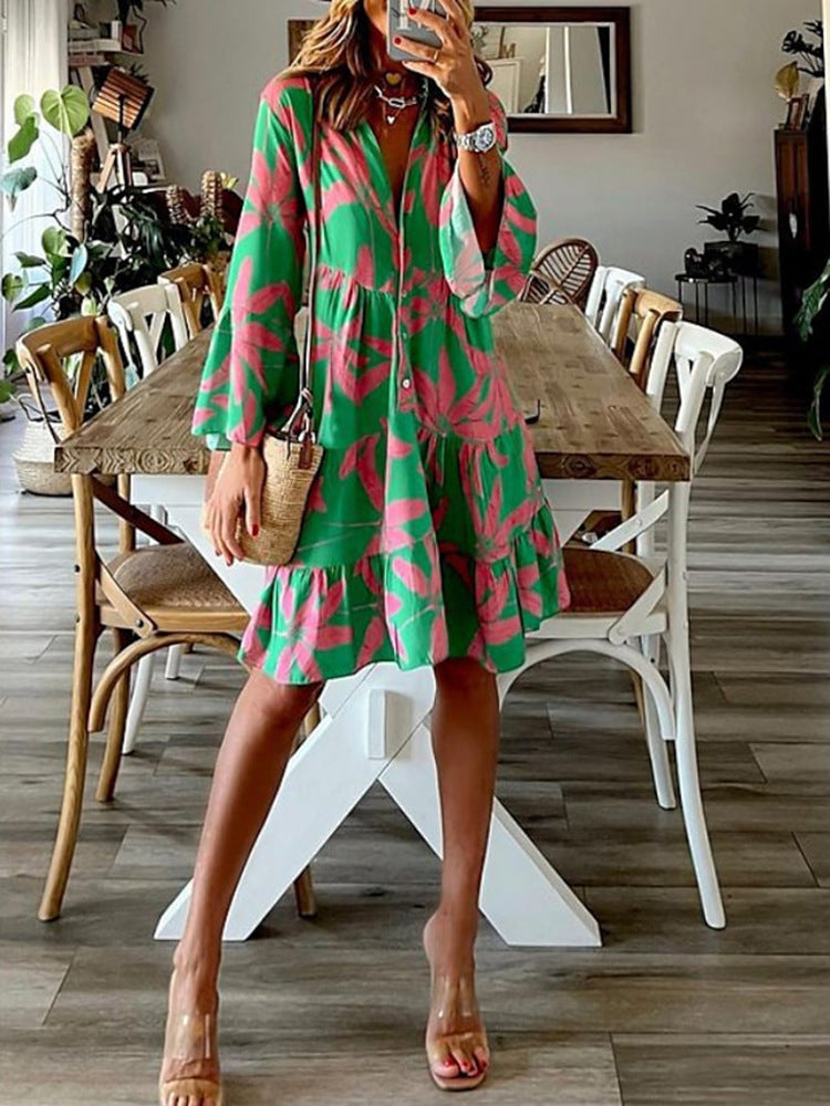 Women's Printed Dress Pink Green Contrast Color Bell Dresses