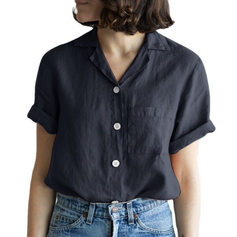 Women's Shirt Solid Color Cotton Linen Pocket Blouses