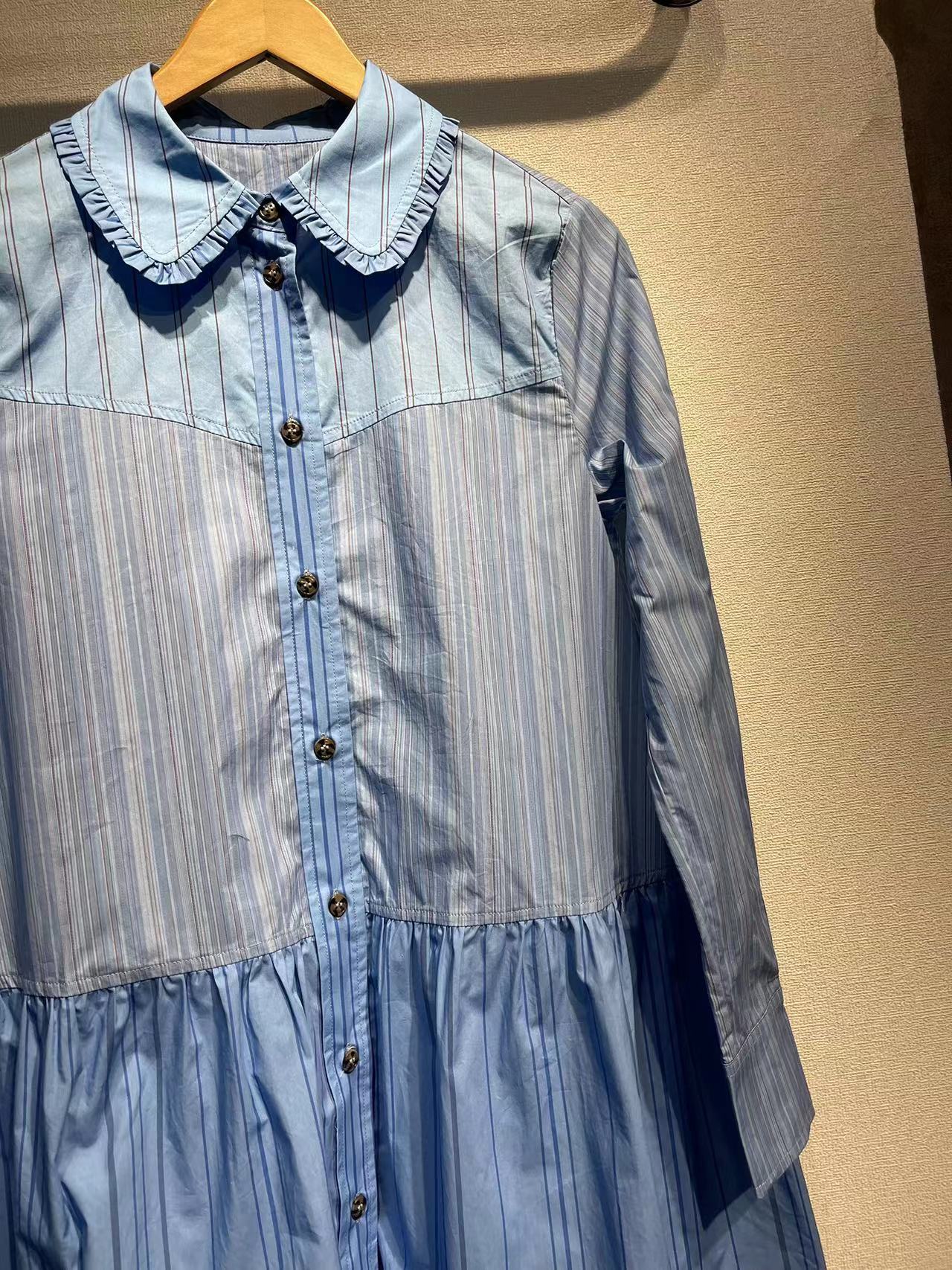 Women's Cotton Striped Stitching Lapel Loose Long Dresses