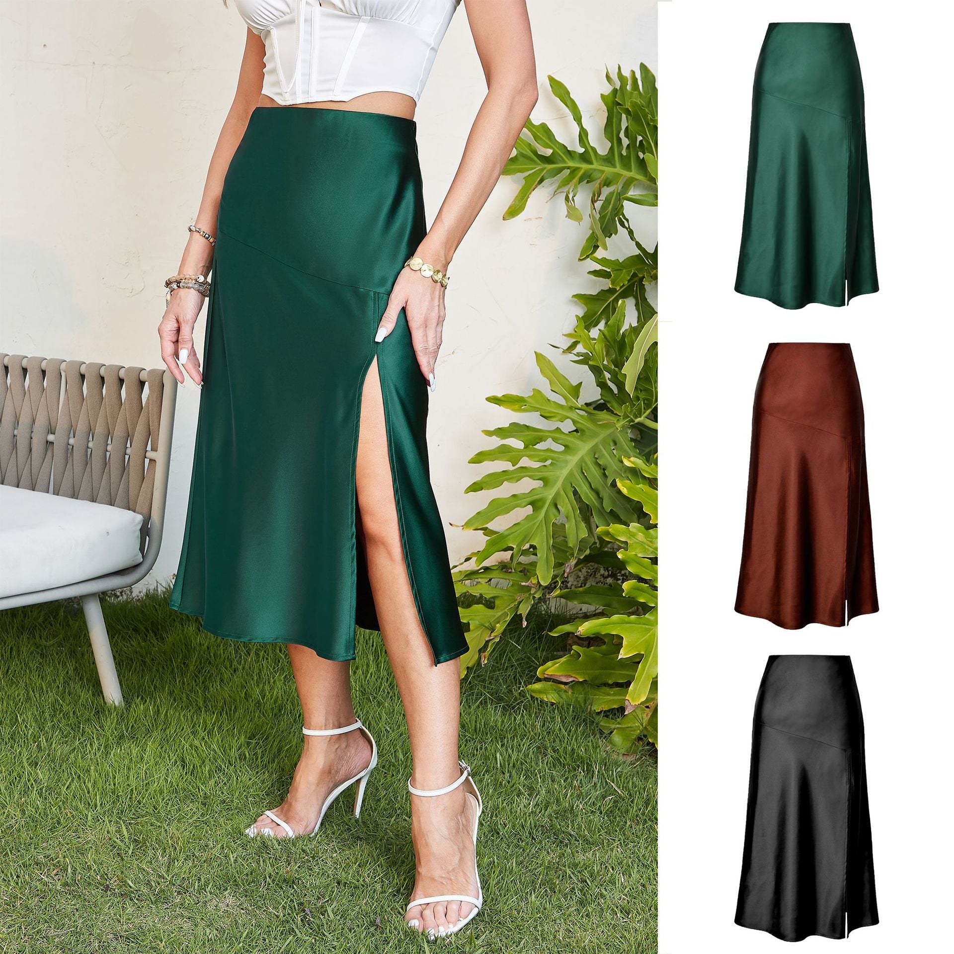 Women's Glossy Satin High-end Silky Pure Color Skirts
