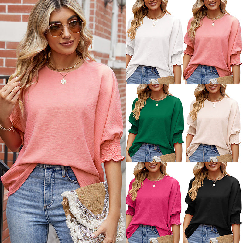 Women's Summer Loose Crew Neck Solid Color Blouses