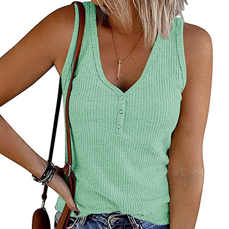 Women's Summer Breasted Solid Color V-neck Sleeveless Tops