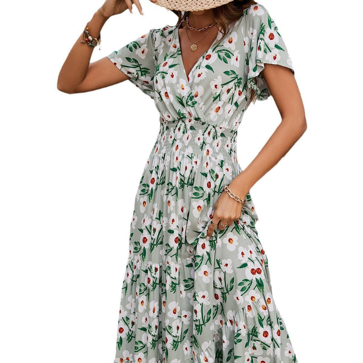Women's Short-sleeved Rayon Floral Print Swing Dress Dresses