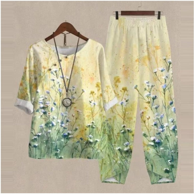 Women's Spring Five-quarter Sleeve Printed Two-piece Women's Clothing