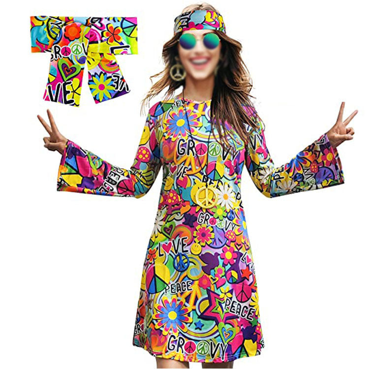 Women's Halloween Hippie Printing Dress Headscarf Dresses