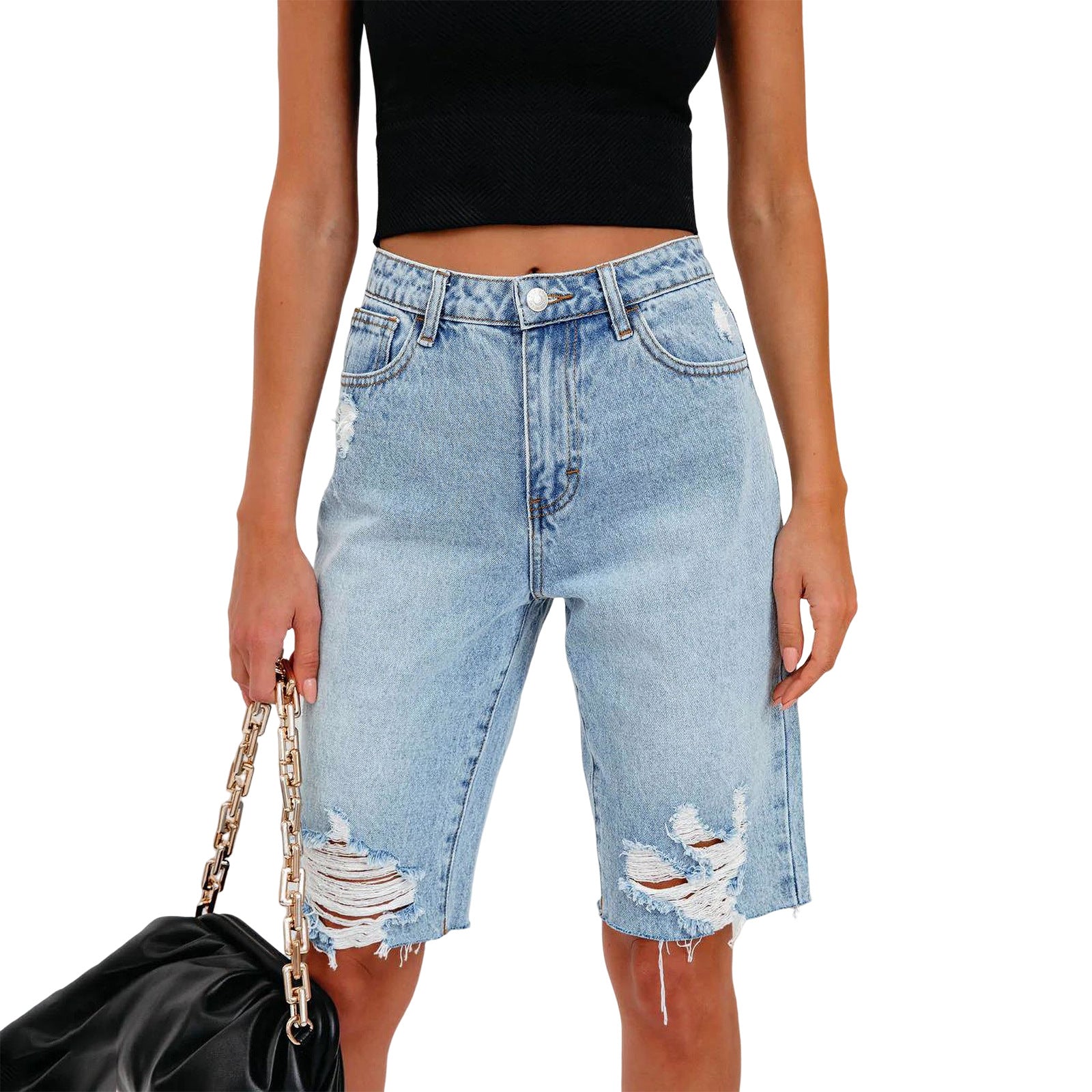 Pés altos de verão femininos jeans cortados no meio da cintura