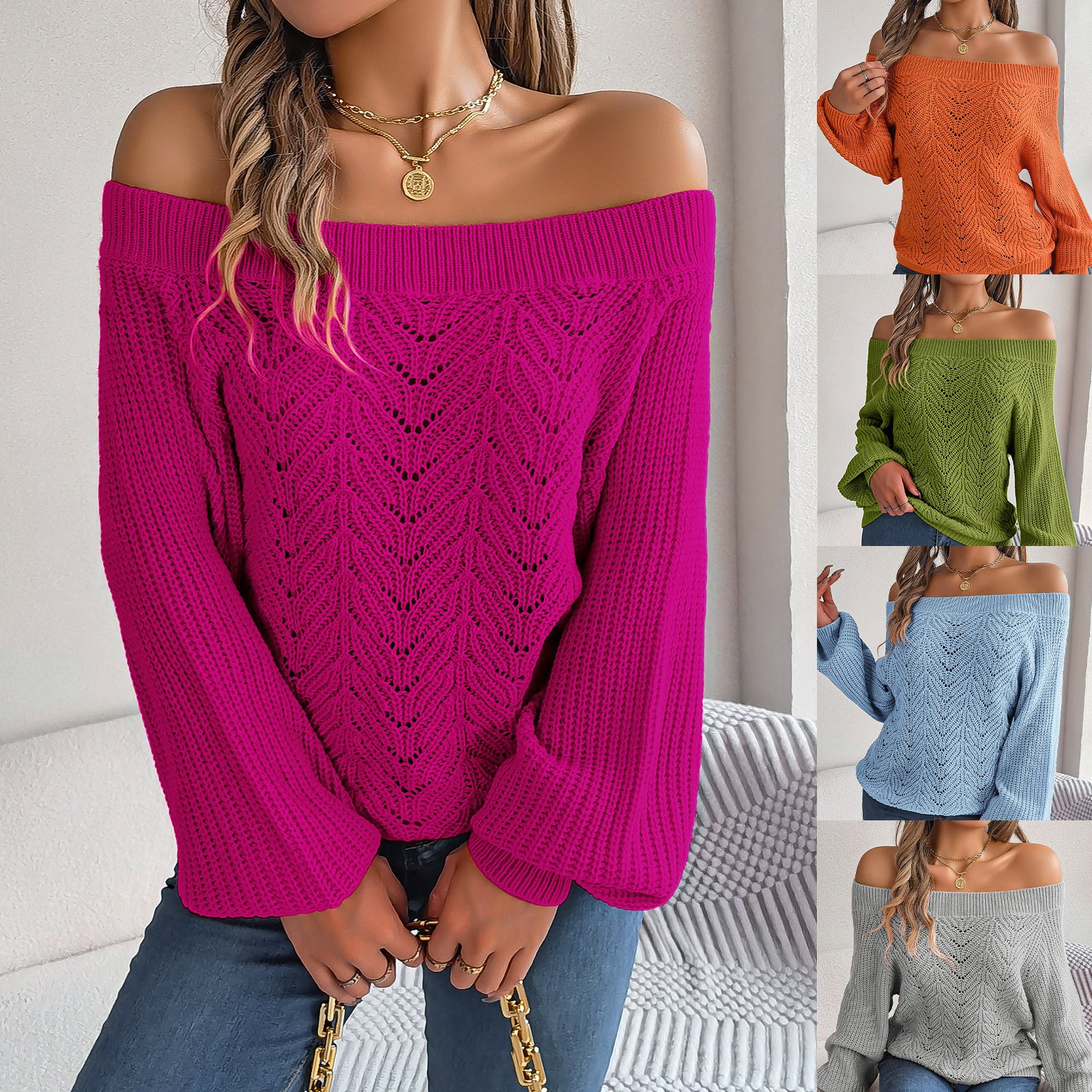 Women's Casual Solid Color Collar Lantern Sleeve Sweaters