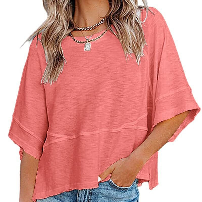 Stitching Solid Color Round Neck Bell Blouses