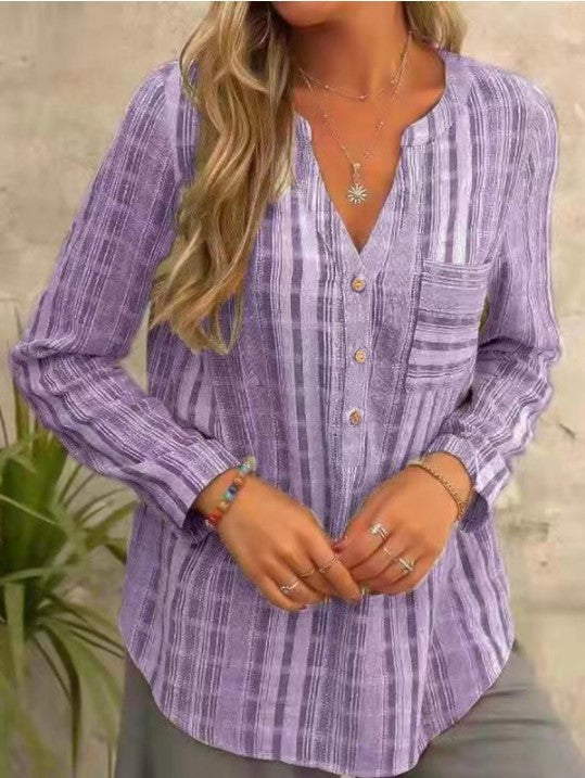 Women's Stripe Pocket Casual Fashion Long Sleeve Blouses