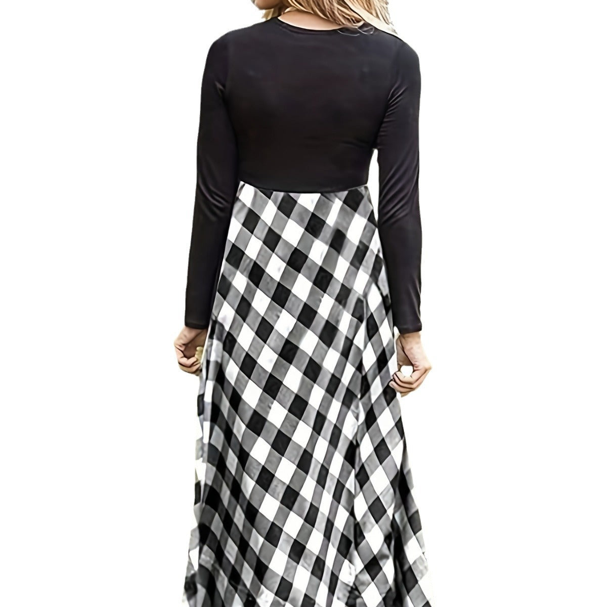 Women's Neck Stitching Contrast Color Check Dress Fashion Casual Dresses