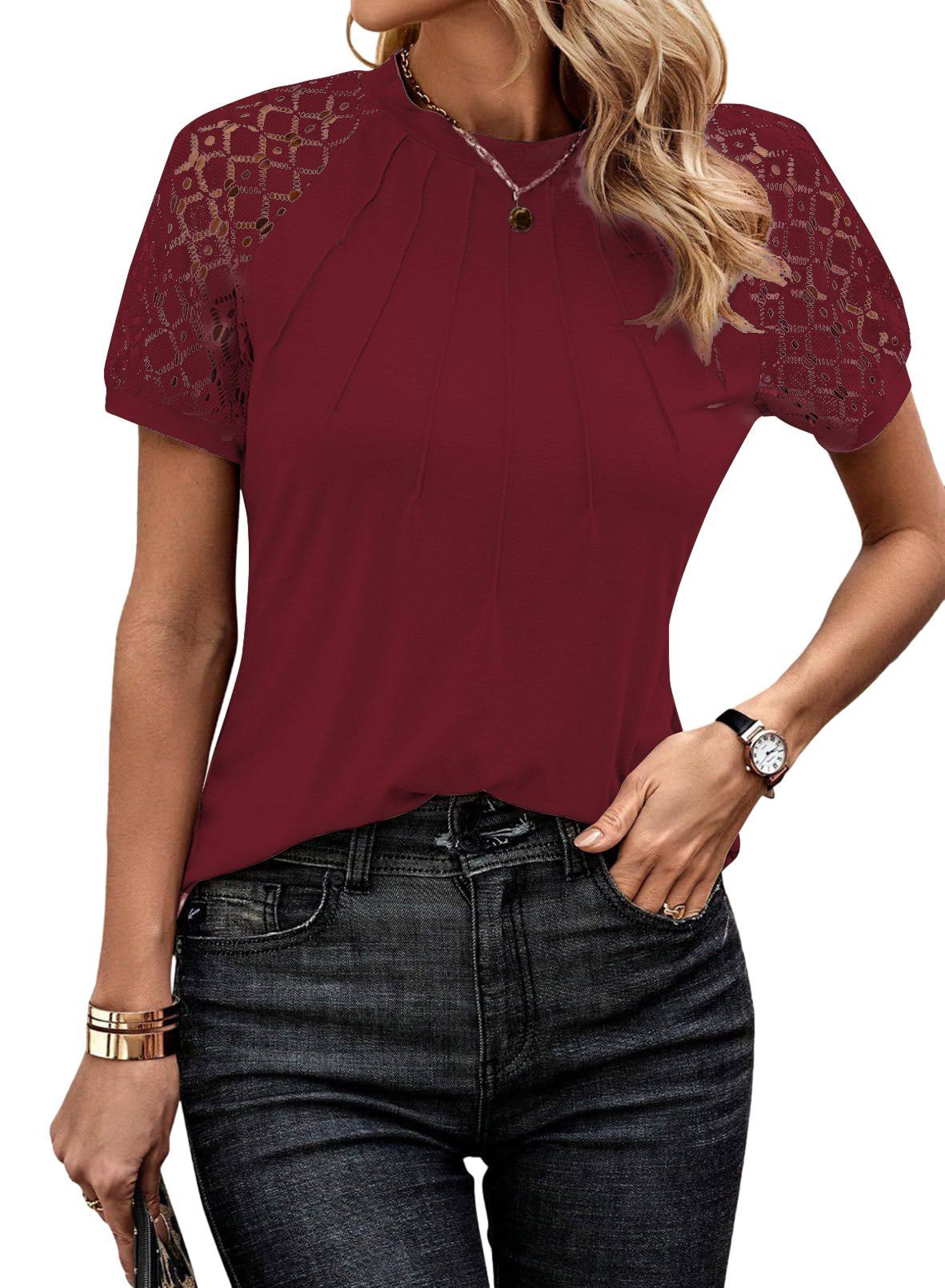 Women's Solid Color T-shirt Round Neck Lace Stitching Blouses