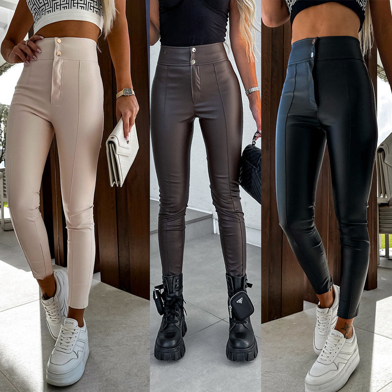 Women's High Waist Stretch Leather Tight Bottoming Pants