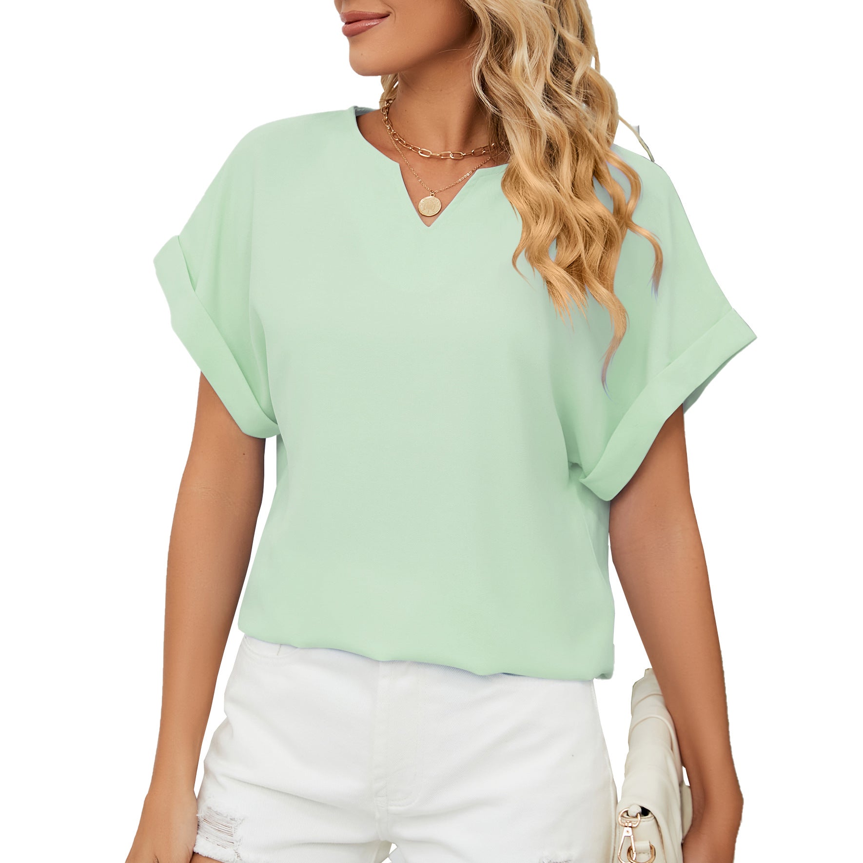 Women's Solid Color V-neck Short-sleeved Loose Blouses