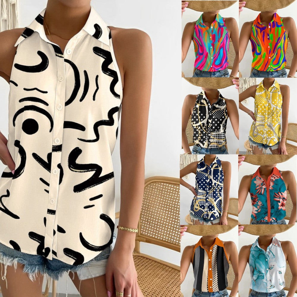 Women's Summer Casual Fashion Sleeveless Abstract Printing Blouses