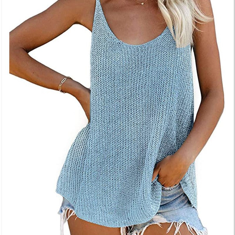 Women's Summer Knitted Contrast Color Round Neck Tops
