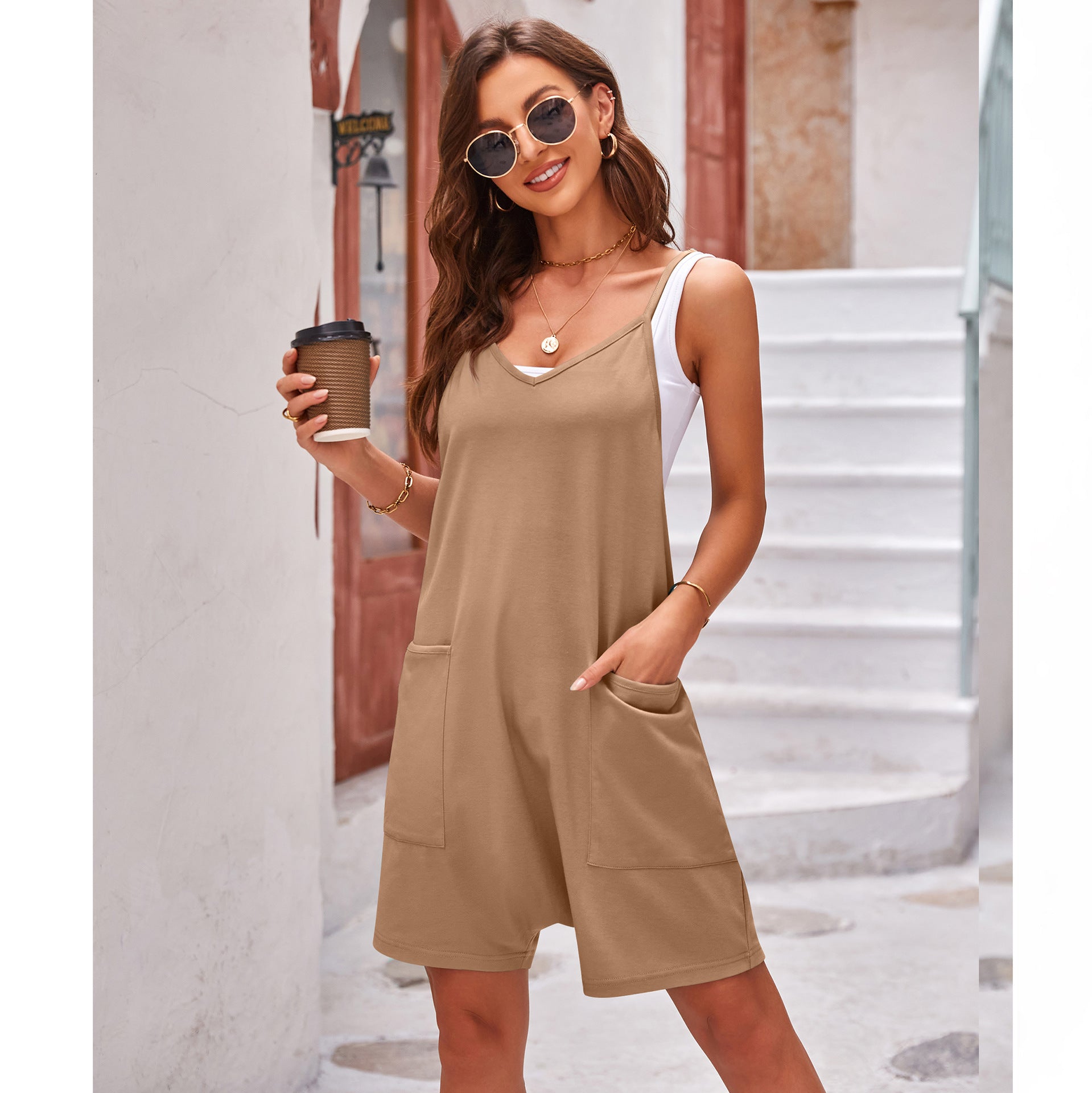 Women's Summer Casual Pocket Spaghetti Straps Knitted Jumpsuits