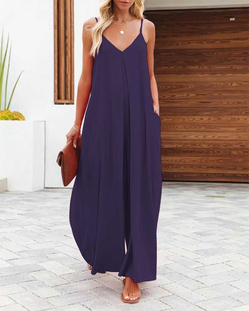 Women's Suspenders Summer Solid Color Pocket Casual Jumpsuits