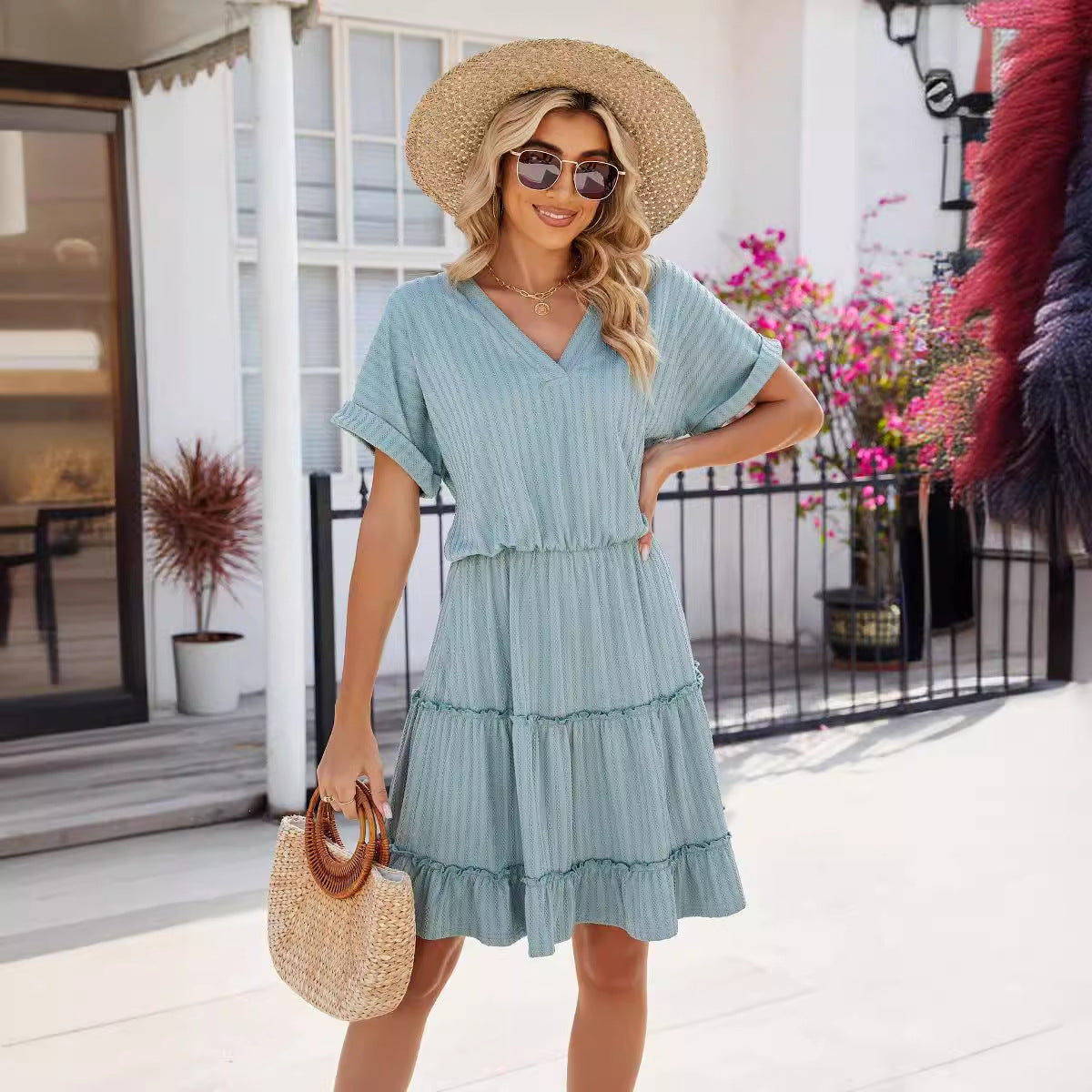 Solid Color Loose Sleeve Stitching Dress Dresses