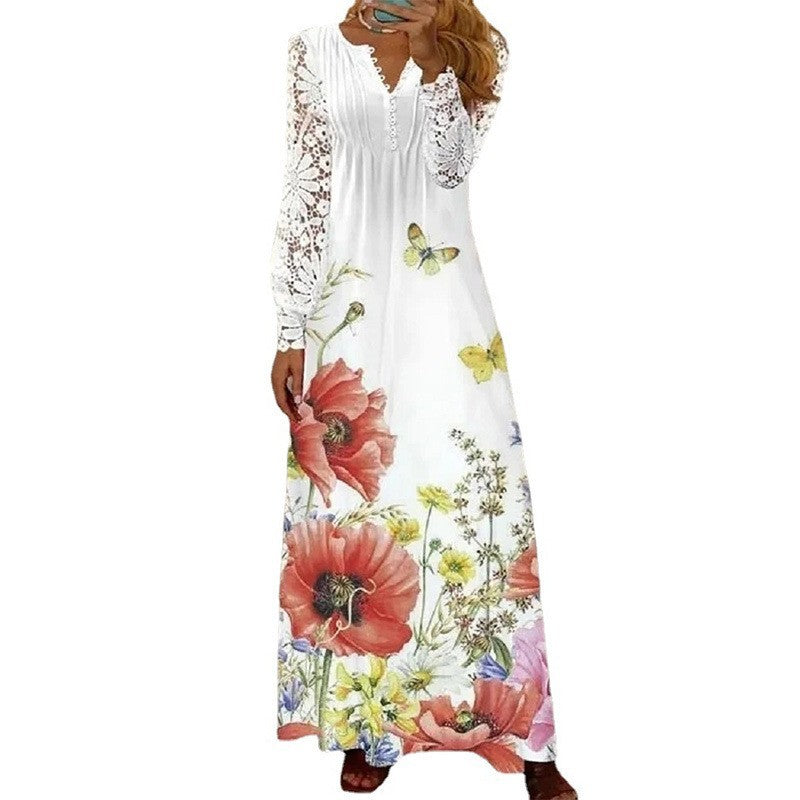 Women's Fashion Printing Lace Long-sleeved Dress Dresses