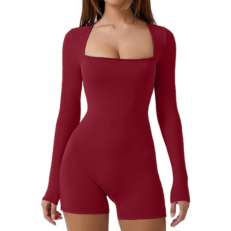 Women's Long Sleeve Tight Elastic Square Collar Jumpsuits